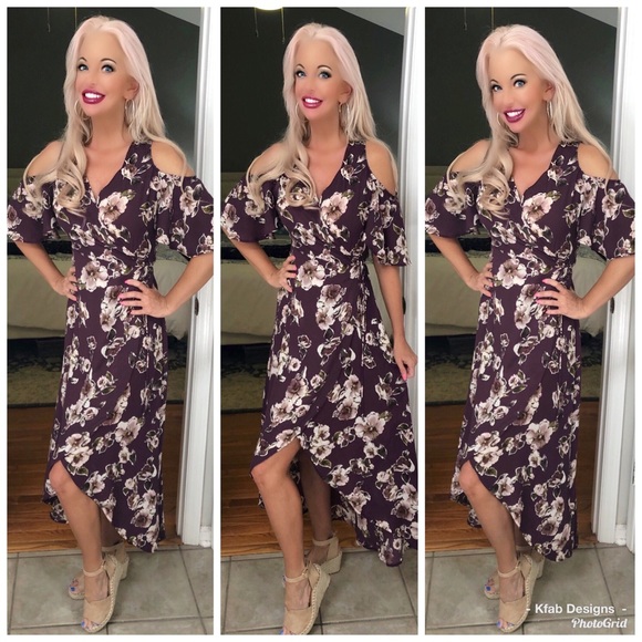 Dresses & Skirts - 🛍LAST 1! Plum Floral Hi Lo Cold Shoulder Maxi!